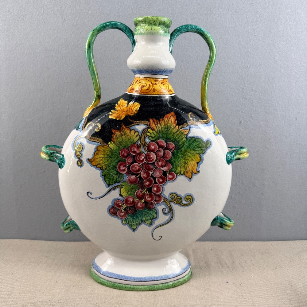 Monumental Vintage Italian Majolica 20" Urn Vase Grapes 4 Handle Hand Painted